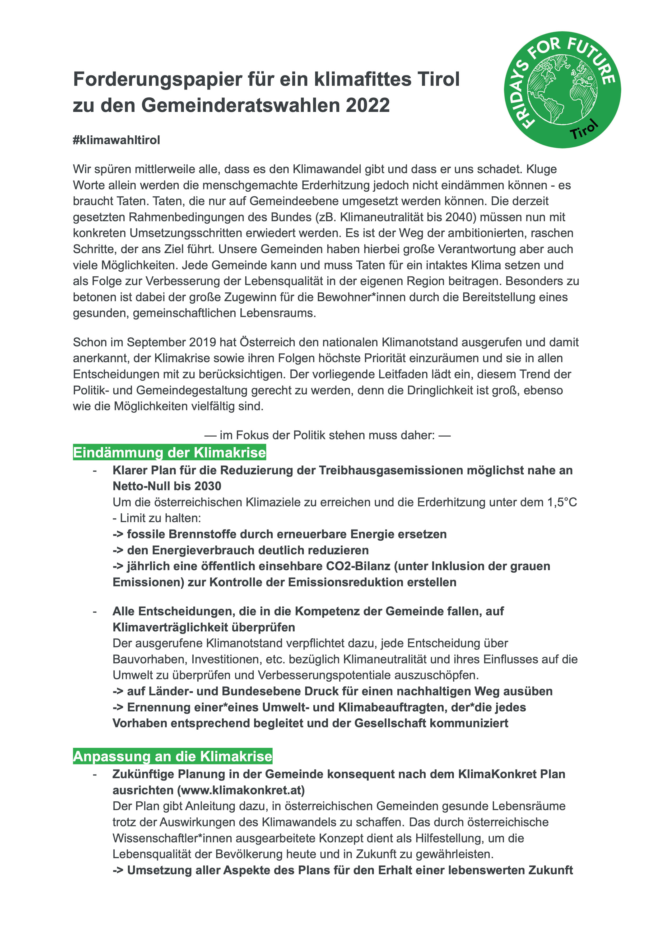 Forderungspapier Fridays for Future Tirol - Seite 1