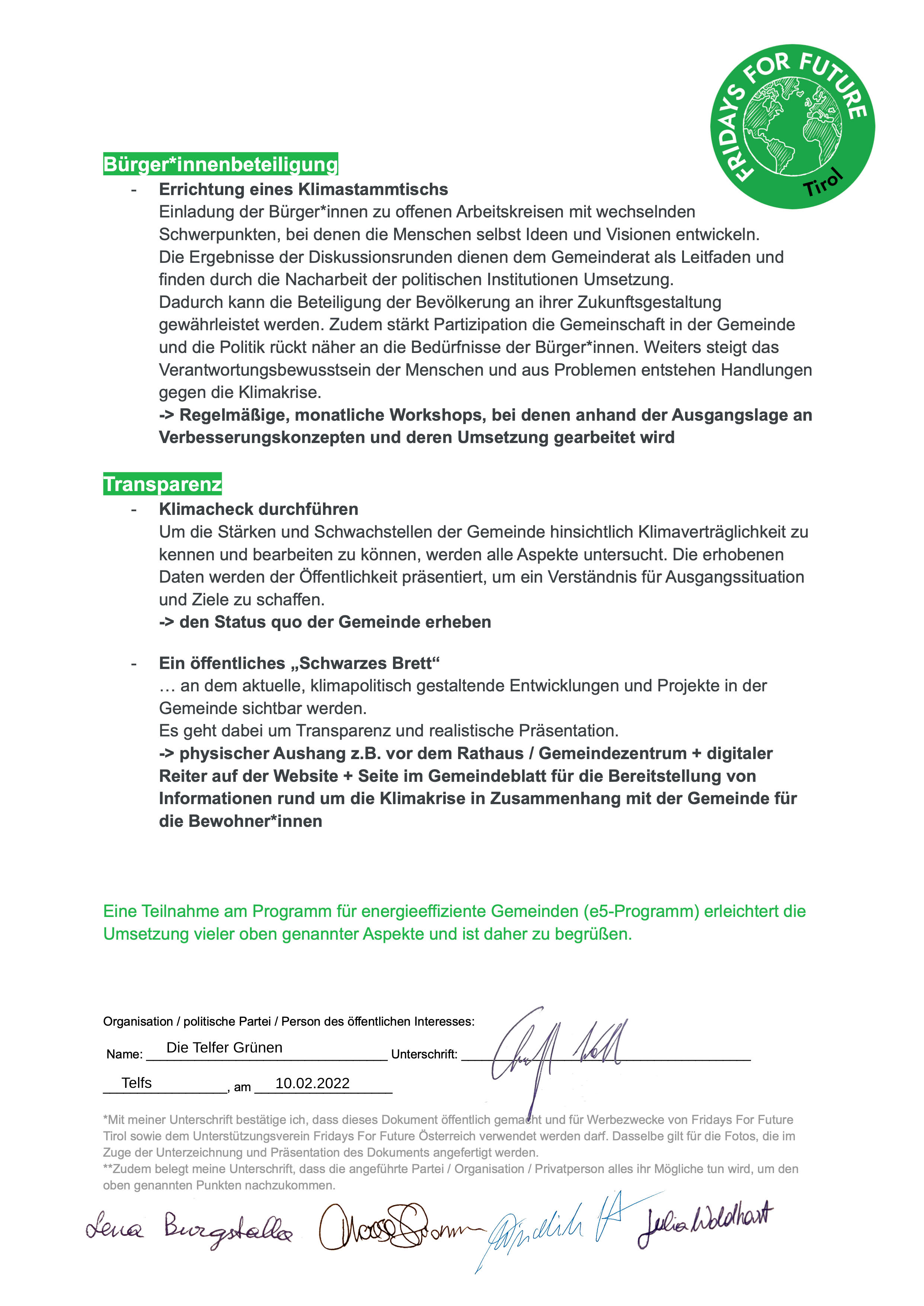 Forderungspapier Fridays for Future Tirol - Seite 1